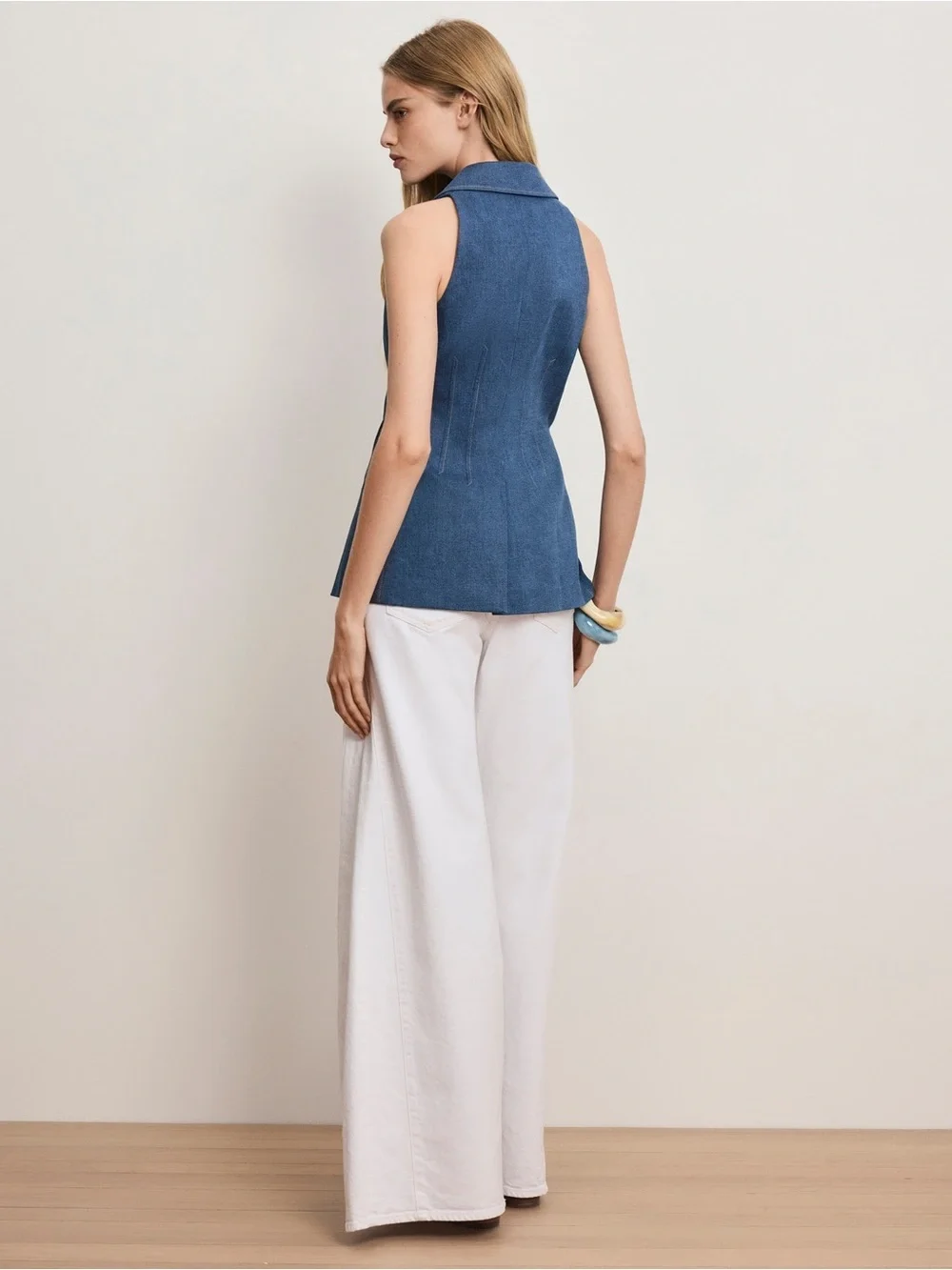 Veronica Beard Costa Denim Vest – Blue Stretch-Denim Sleeveless Top